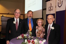 At the Third Annual University of Scranton/TCMC 2013 Northeastern Pennsylvania Conference on Aging, Ann and Leo Moskovitz and Brian Duke ’79, secretary of Pennsylvania Department of Aging, received the inaugural awards recognizing individuals for lifetime achievement and contribution to successful aging. The award presented, “Afterglow,” was created by renowned glass sculptor Christopher Ries. Standing from left are, Secretary Duke, Ries, Ann and Leo Moskovitz. 